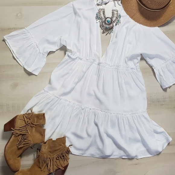 New Boho Tiered Plunge Mini Dress Cover Up Top Bell Sleeve White - Picture 3 of 9